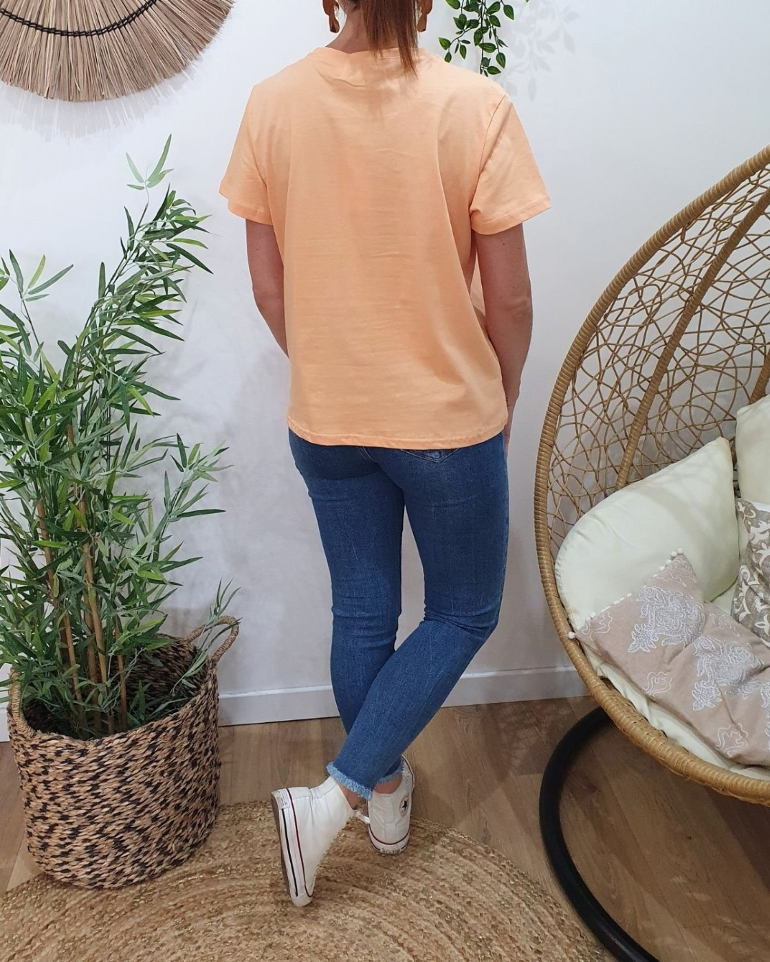 T-shirt femme orange broderie bronzette dorée