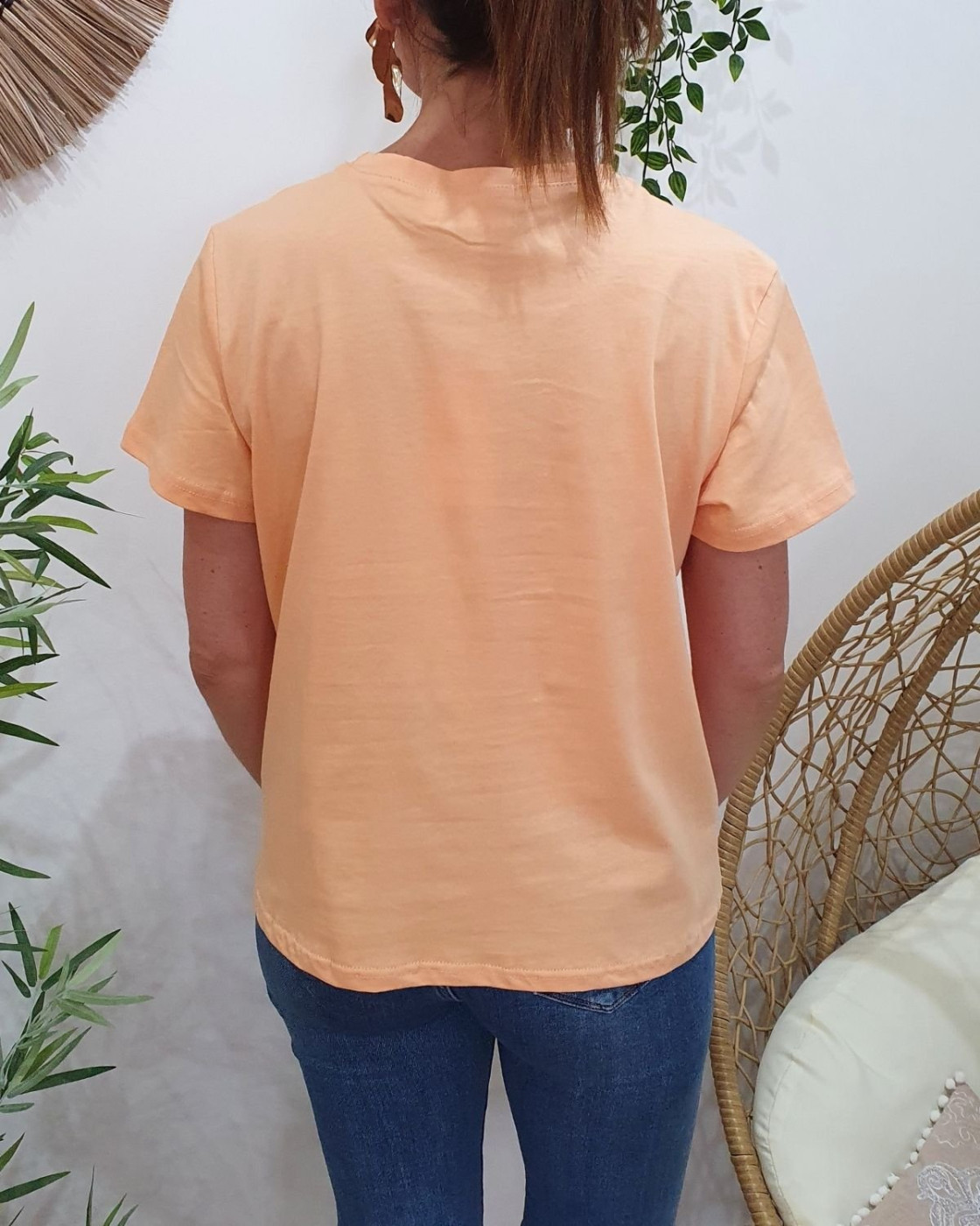 T-shirt femme orange broderie bronzette dorée