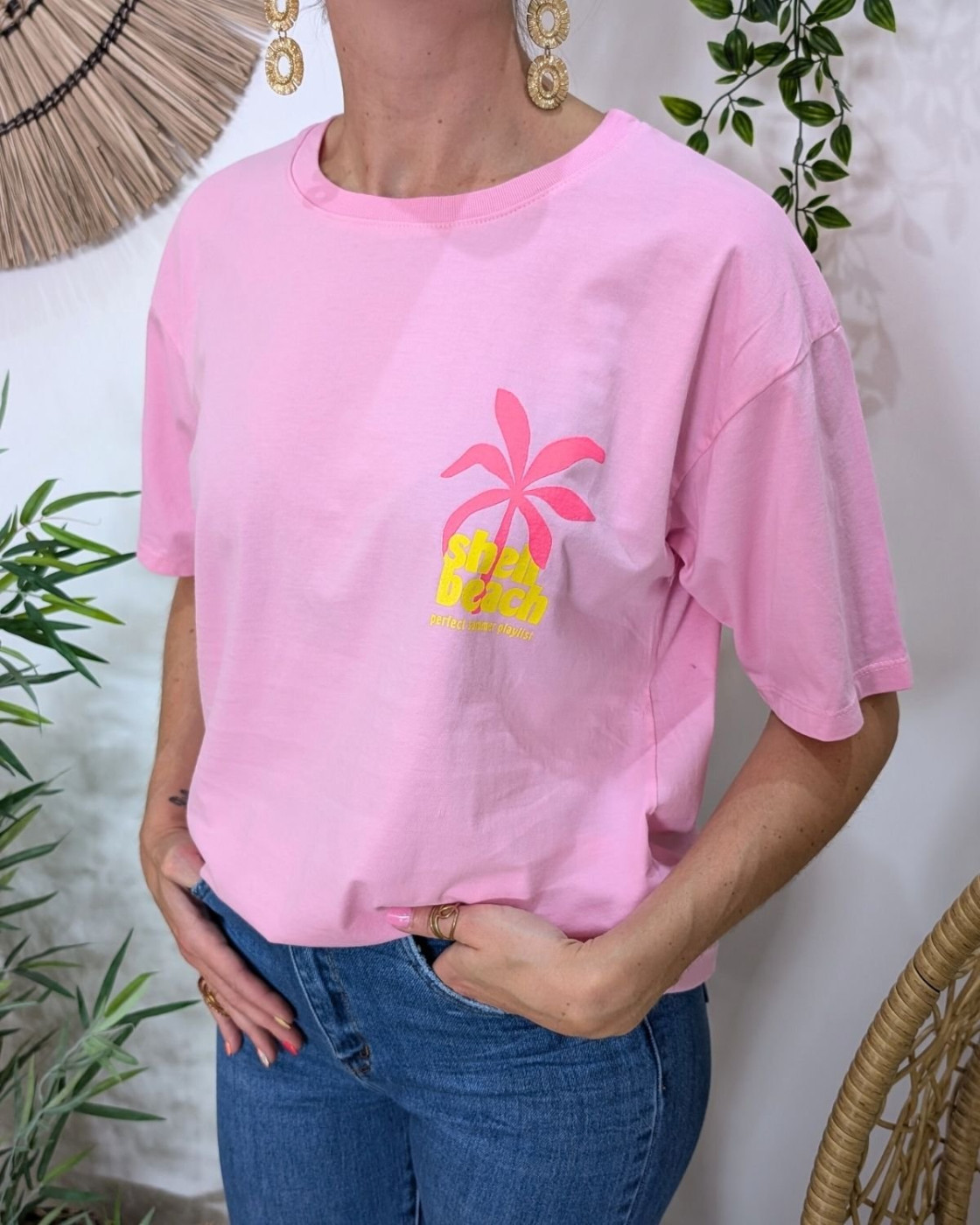 T-Shirt femme Shell beach-Rose baby