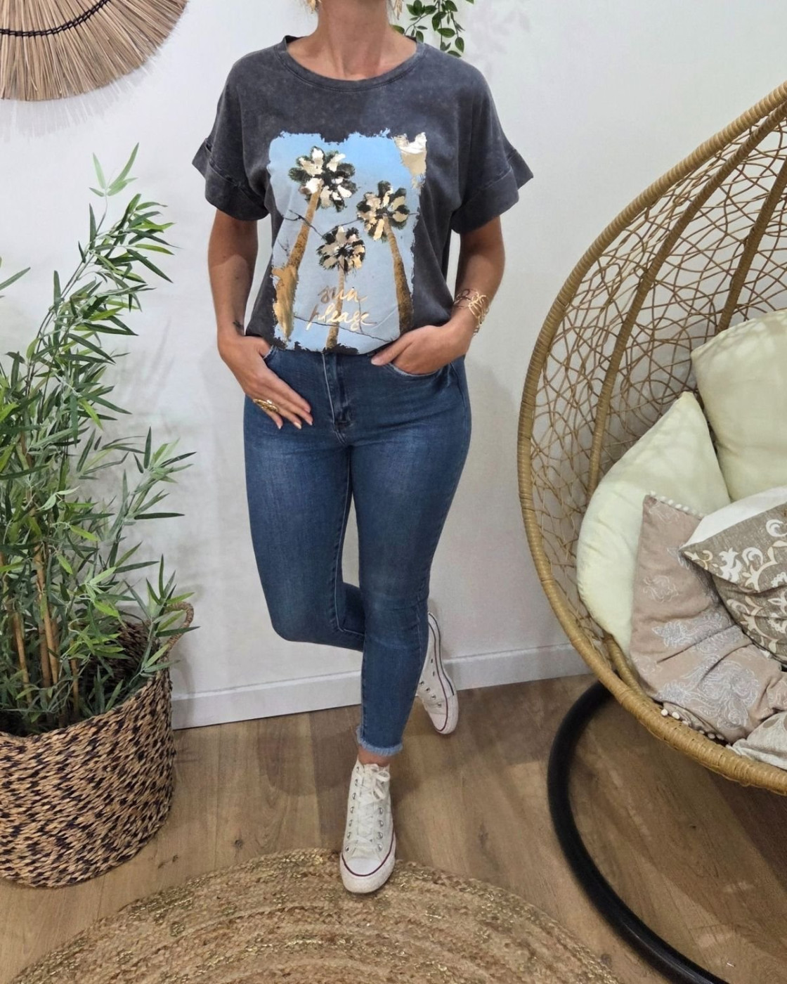 T-Shirt femme palmier sun please gris 