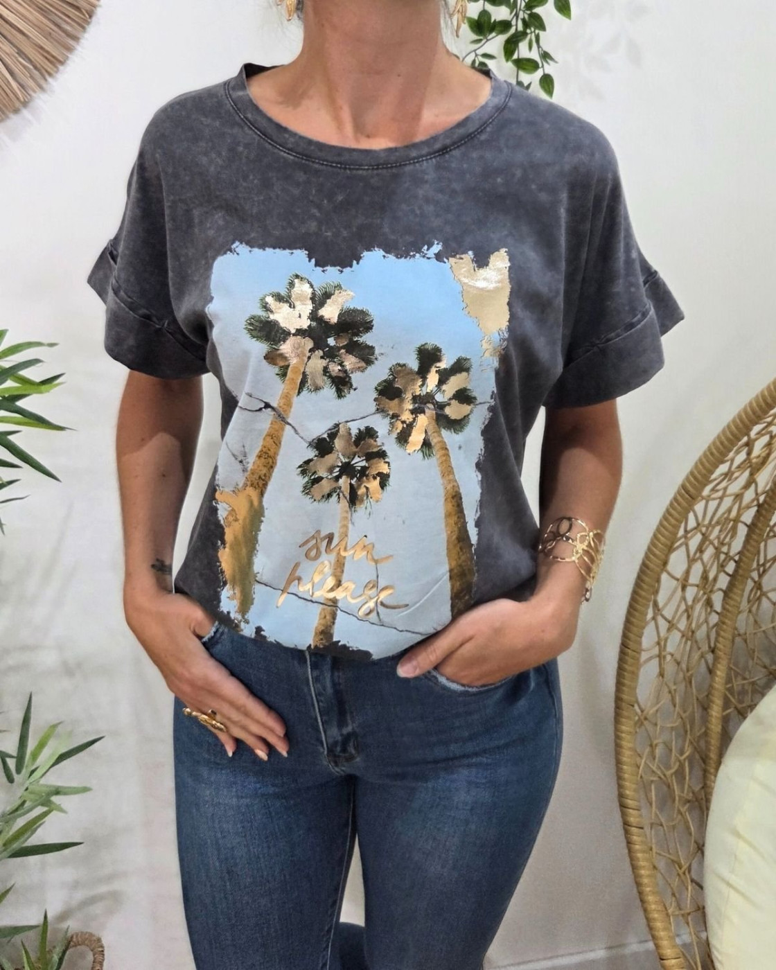 T-Shirt femme palmier sun please gris 