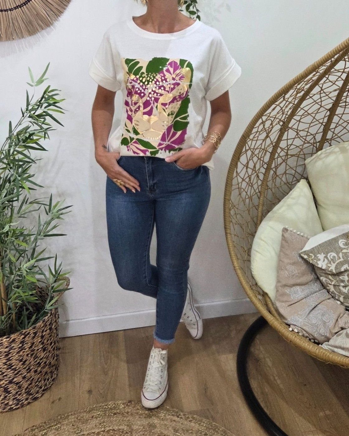 T-Shirt femme ecru léopard doré 