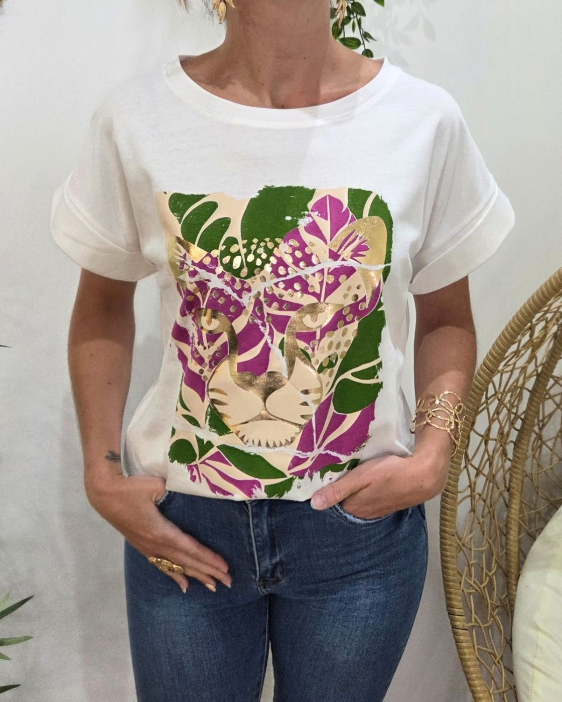 T-Shirt femme ecru léopard doré 