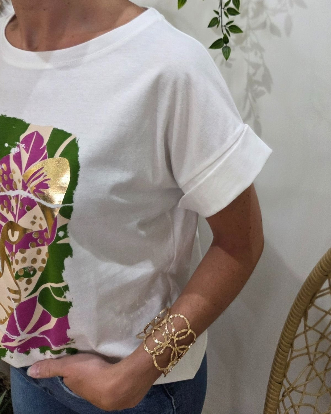 T-Shirt femme ecru léopard doré 