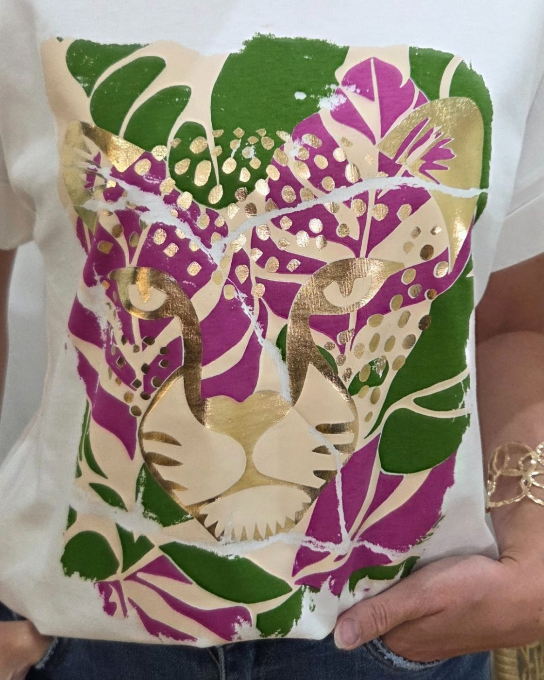 T-Shirt femme ecru léopard doré 