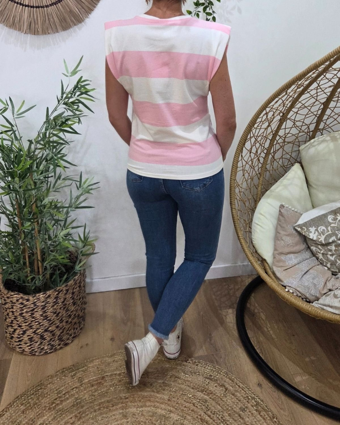 T-Shirt femme épaulette rayé blanc et rose