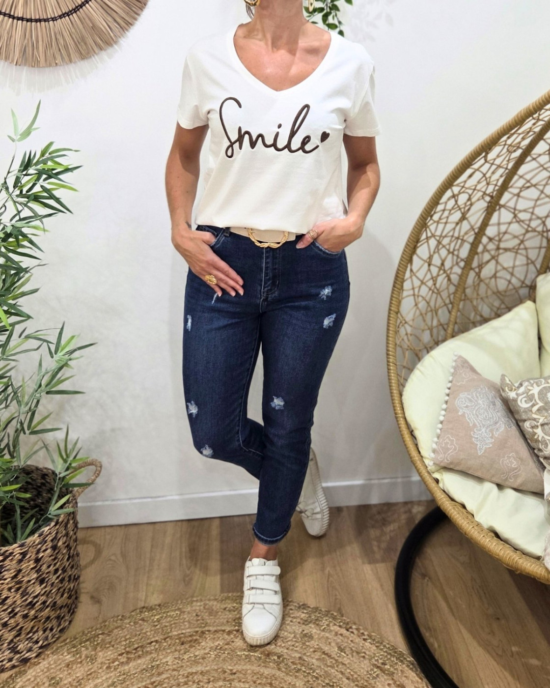 T-Shirt femme blanc broderie smile marron