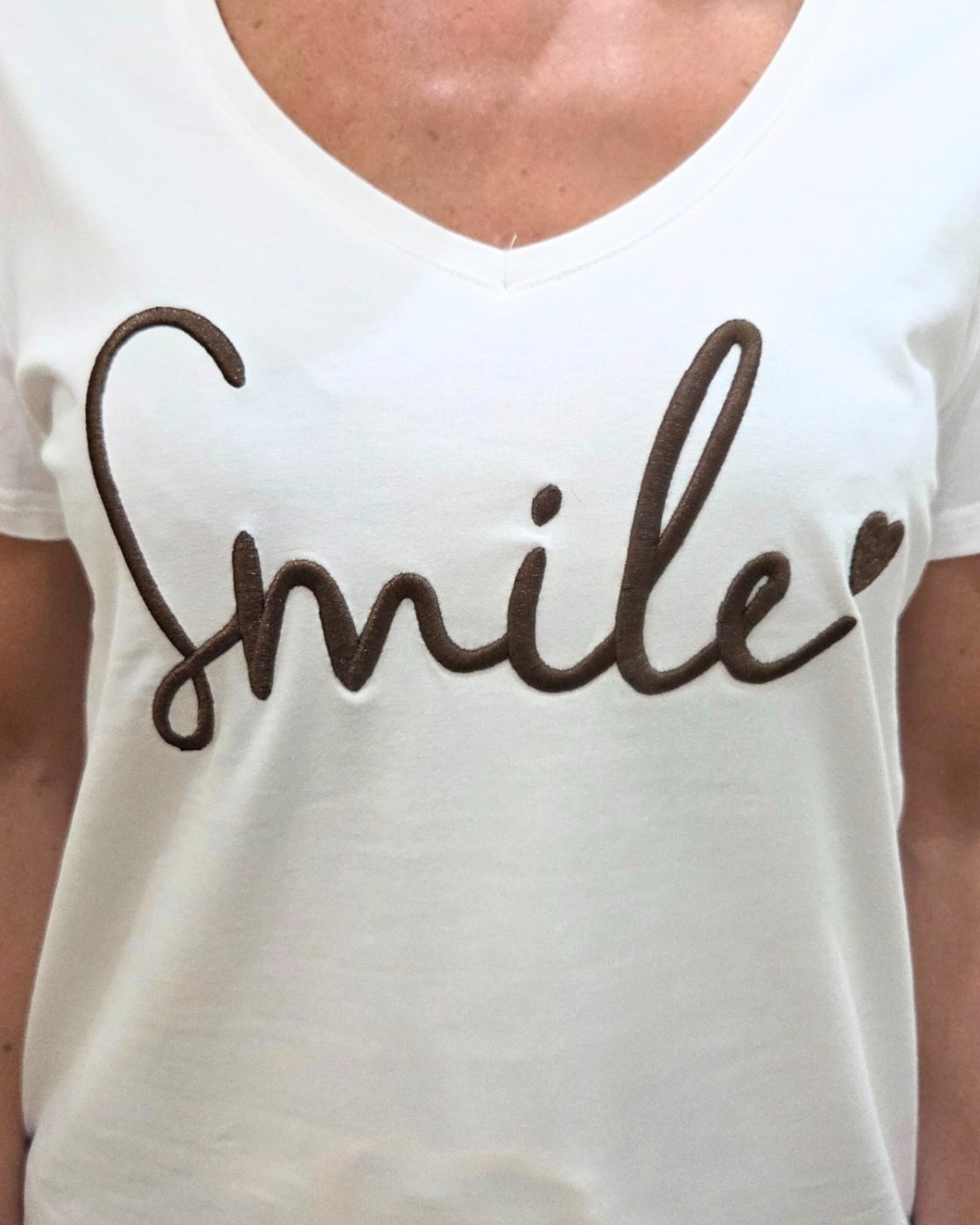 T-Shirt femme blanc broderie smile marron