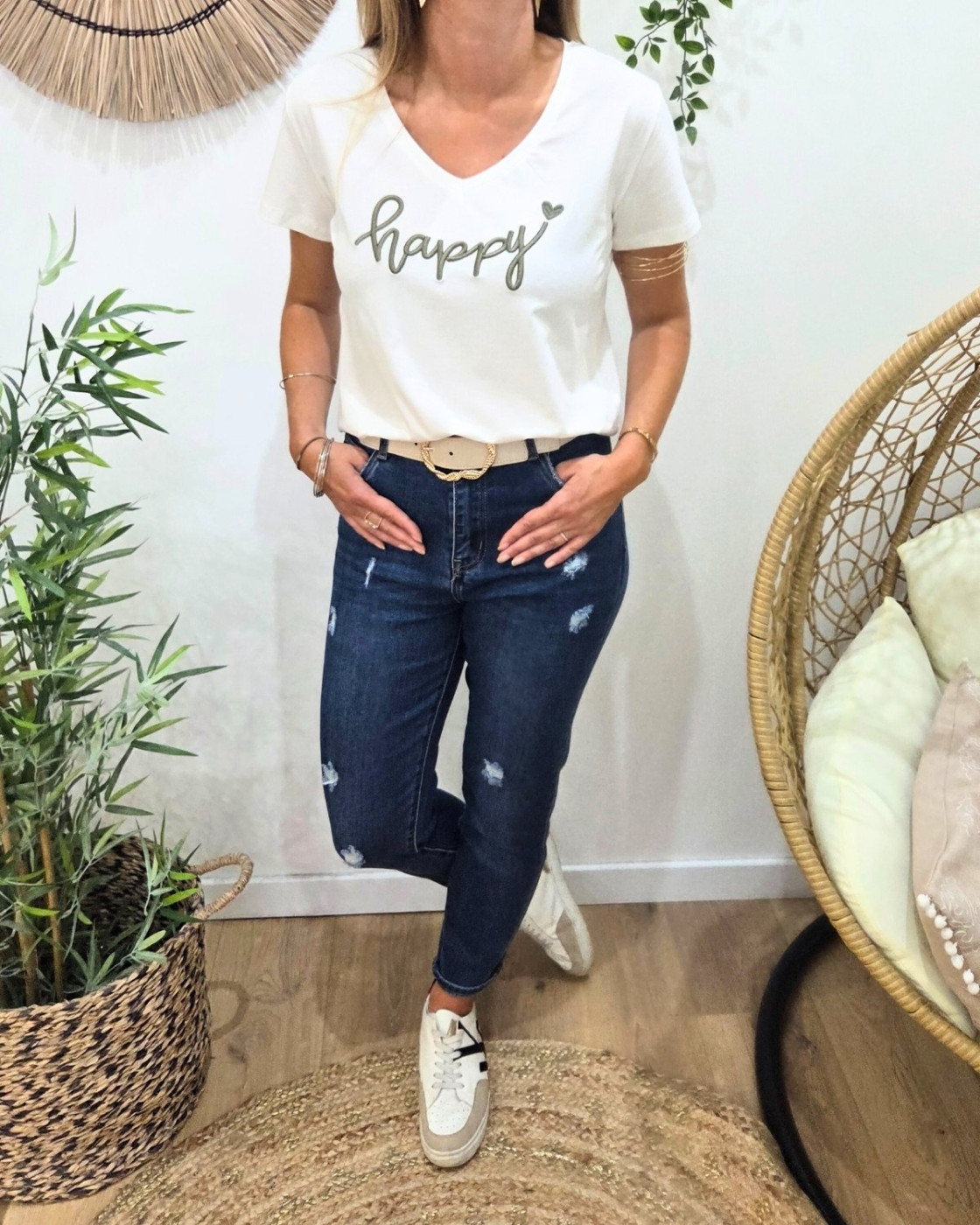 T-Shirt femme blanc broderie happy kaki