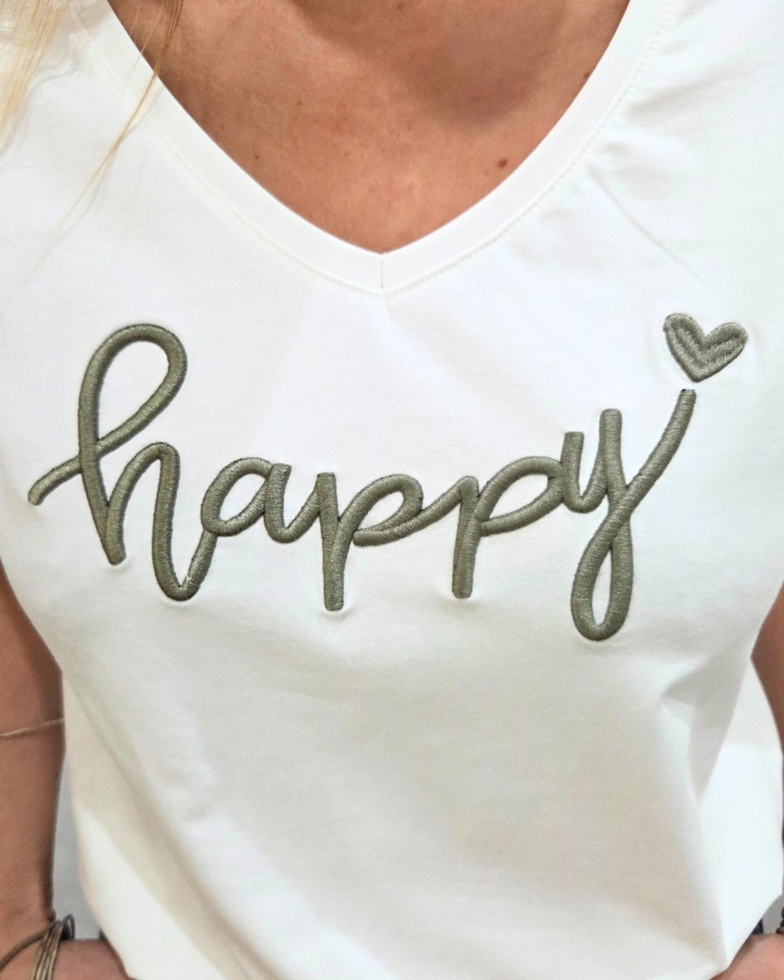 T-Shirt femme blanc broderie happy kaki