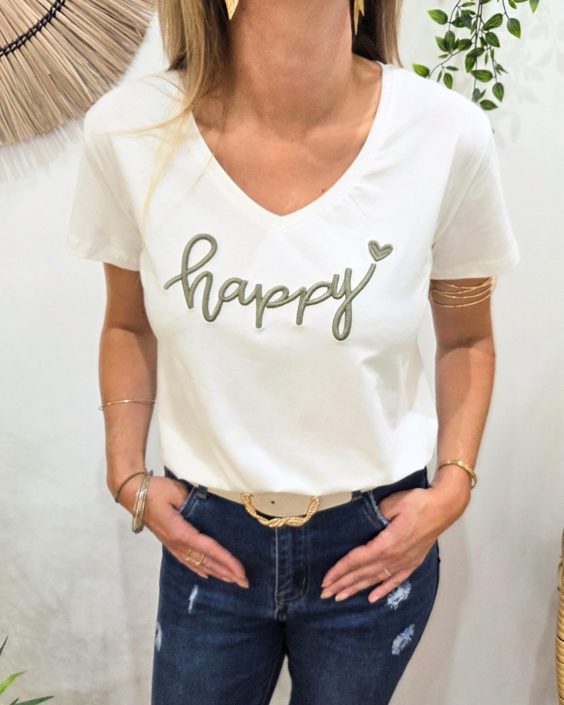 T-Shirt femme blanc broderie happy kaki