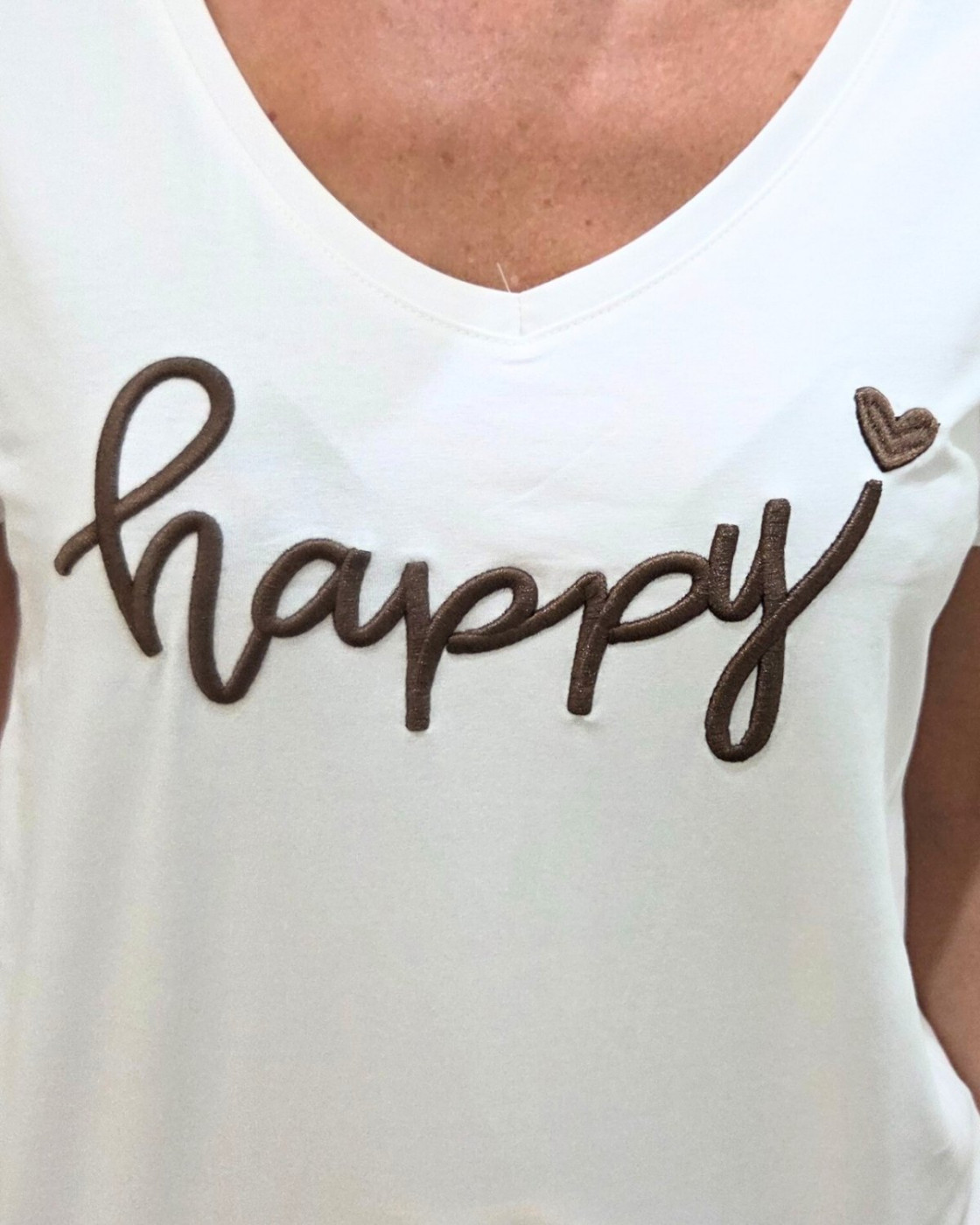 T-Shirt femme blanc broderie happy marron