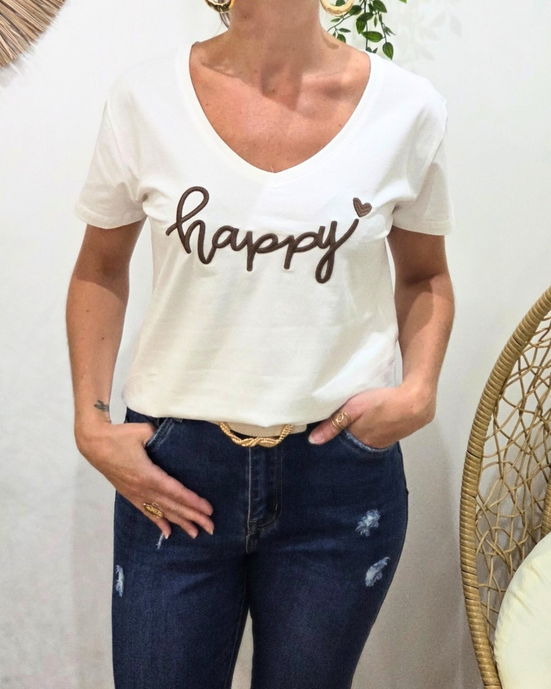 T-Shirt femme blanc broderie happy marron