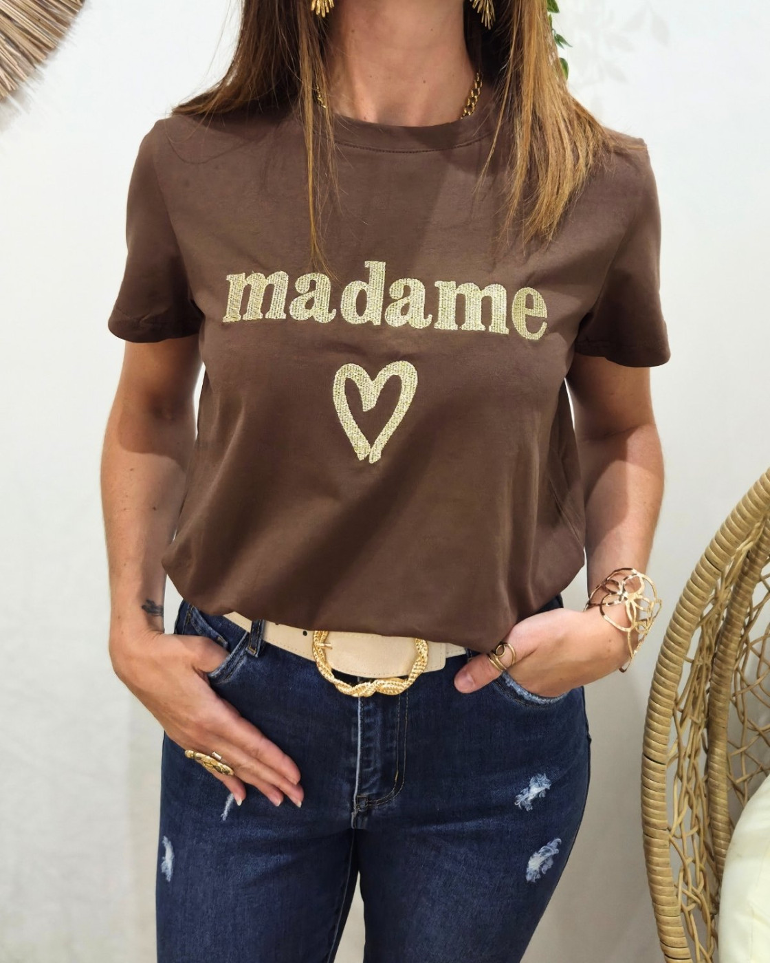T-Shirt femme marron broderie madame dorée