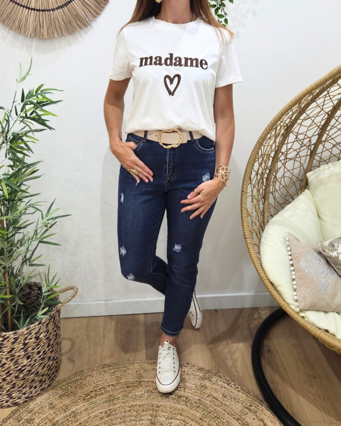 T-Shirt femme blanc broderie madame marron