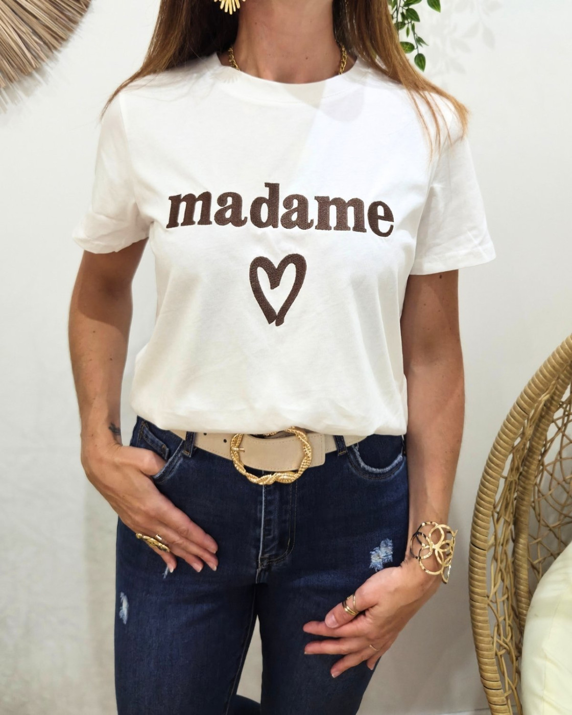 T-Shirt femme blanc broderie madame marron