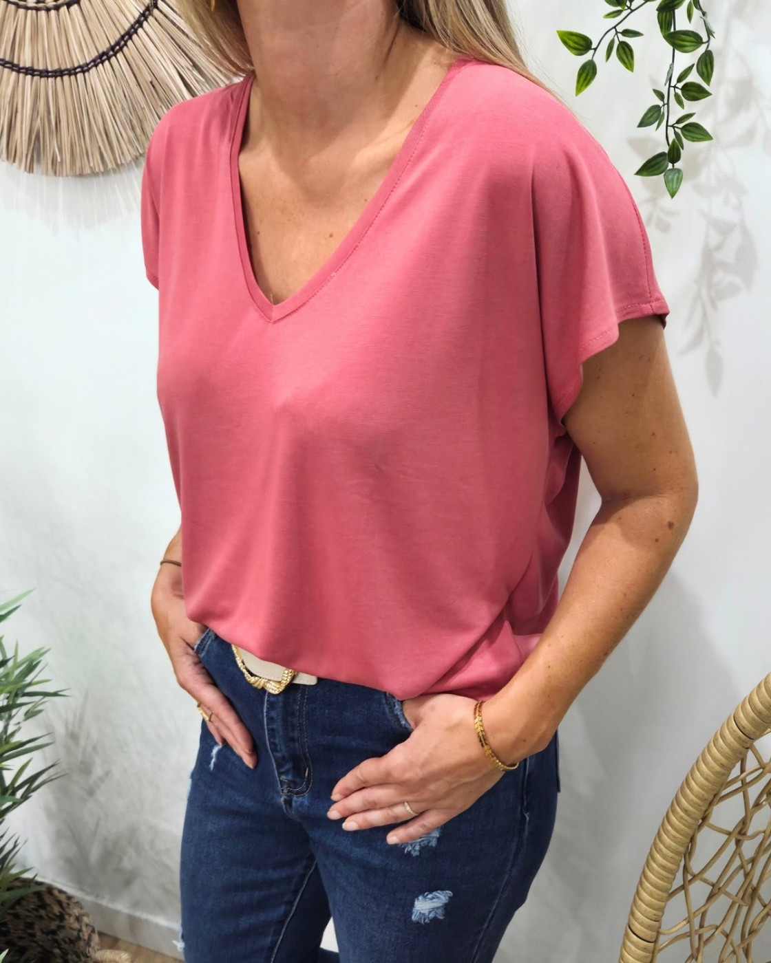 T-Shirt femme uni rose col V Irènea