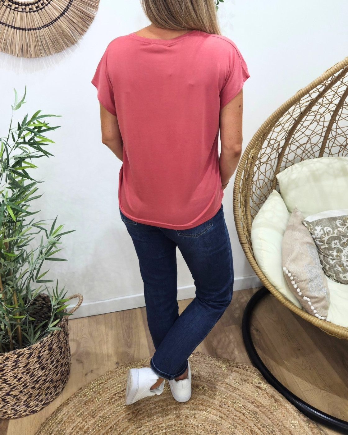 T-Shirt femme uni rose col V Irènea