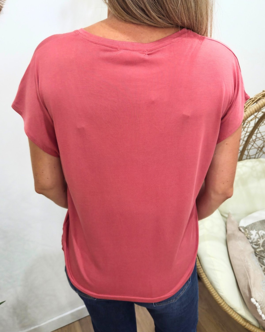 T-Shirt femme uni rose col V Irènea