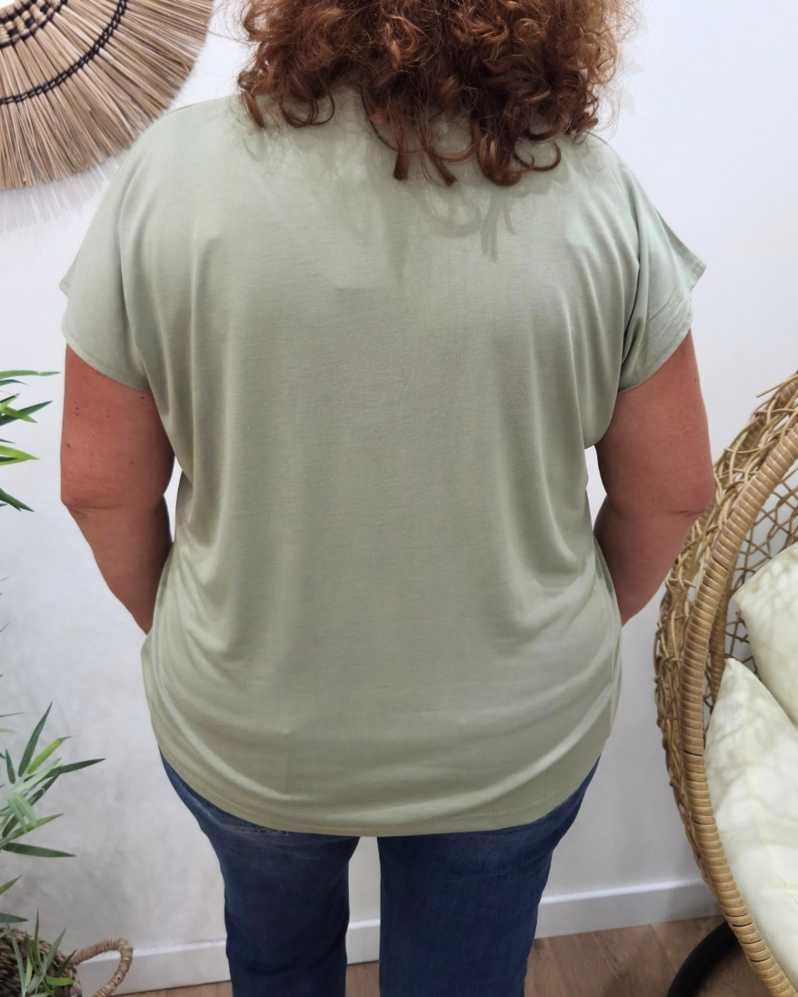 T-Shirt femme uni kaki clair col V Irènea