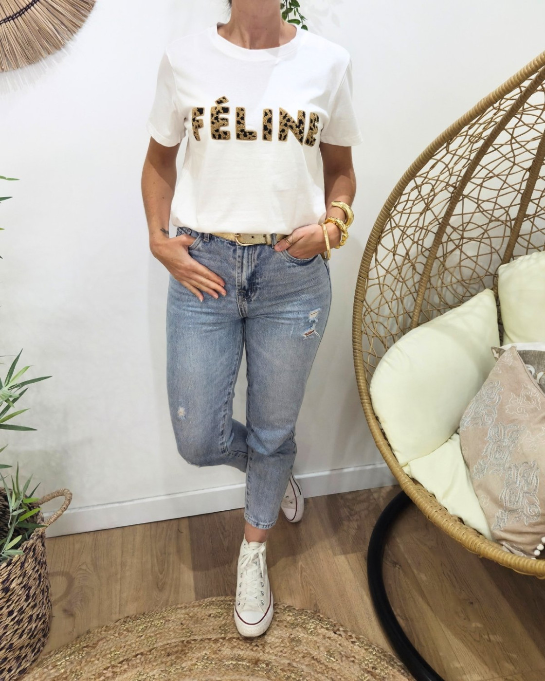 T-Shirt femme blanc Féline