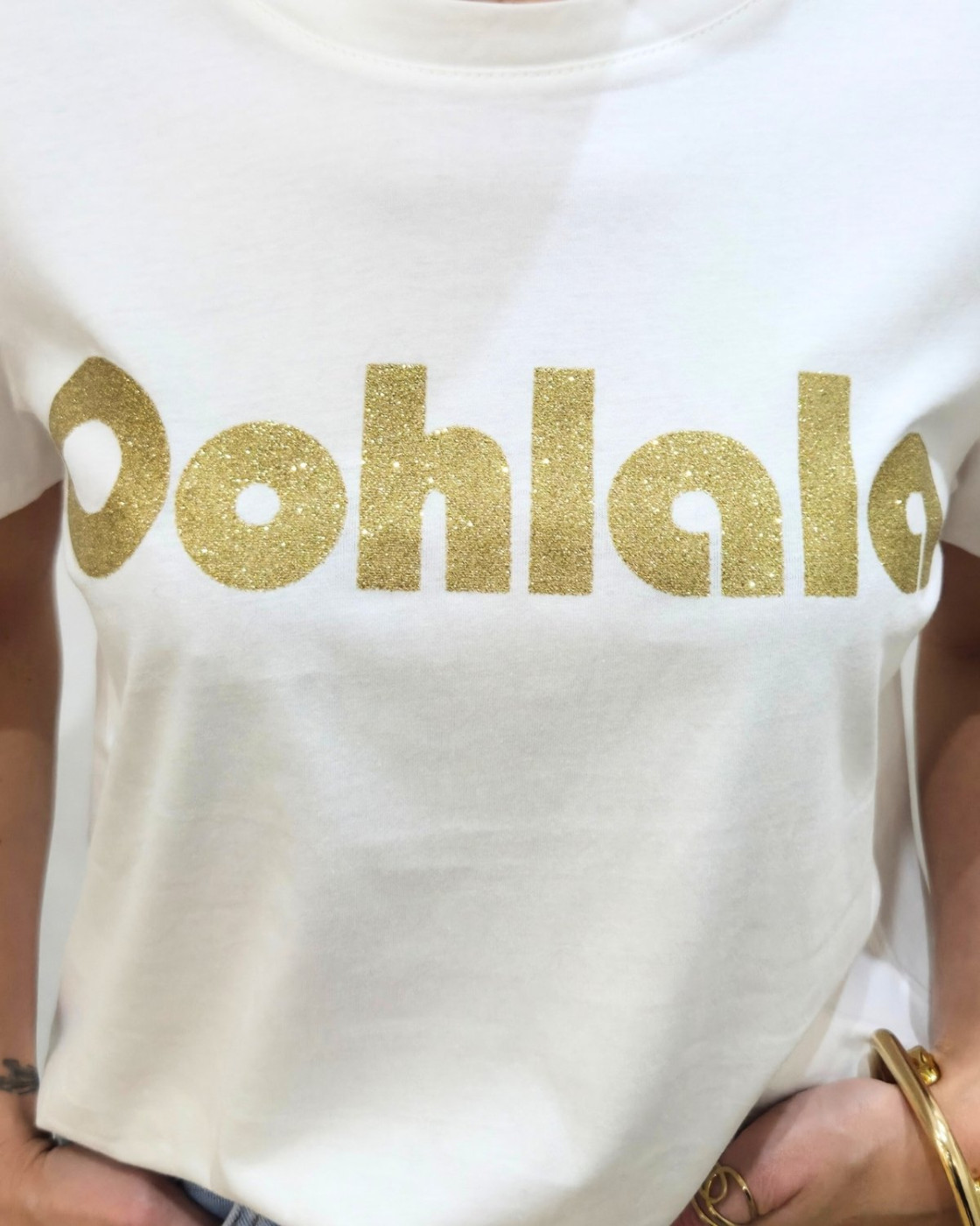 T-Shirt femme blanc Oohlala paillettes dorées