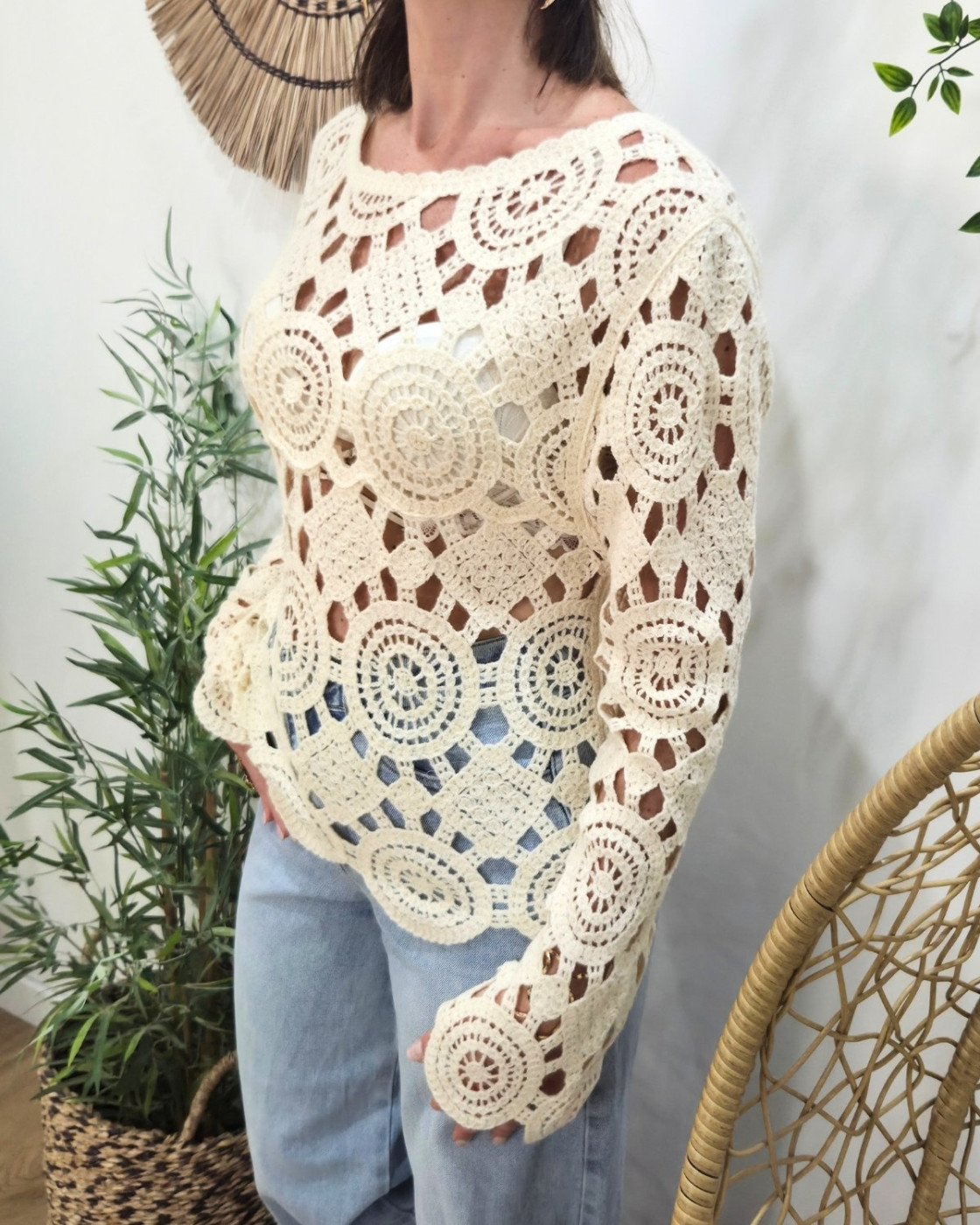 Top femme crochet manches longues beige Isild