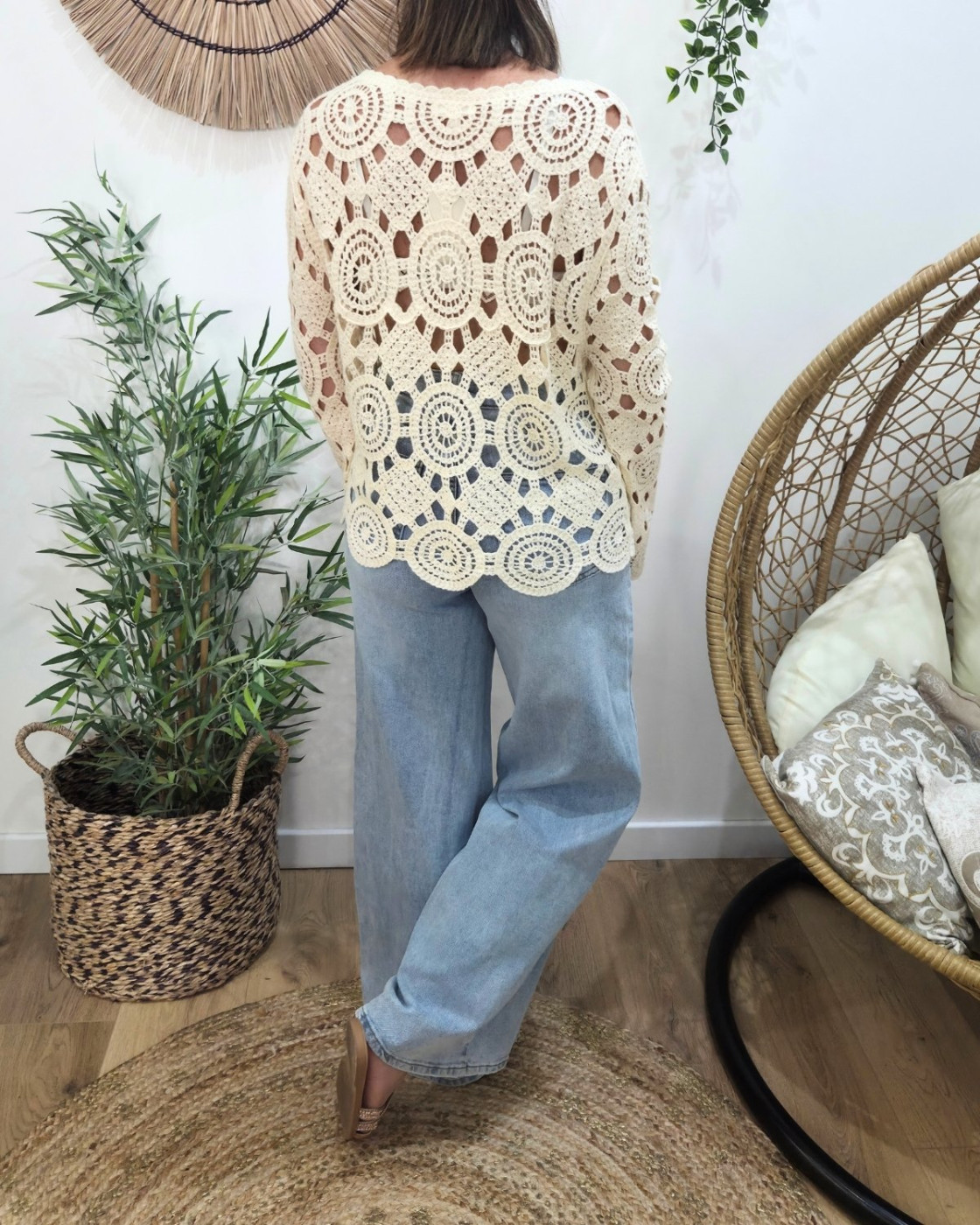 Top femme crochet manches longues beige Isild