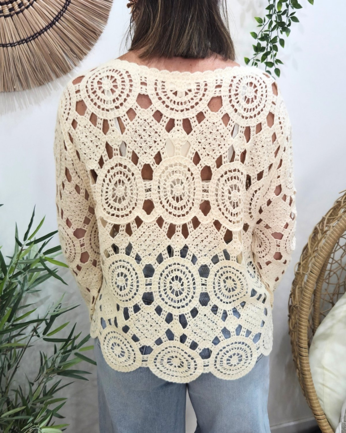 Top femme crochet manches longues beige Isild