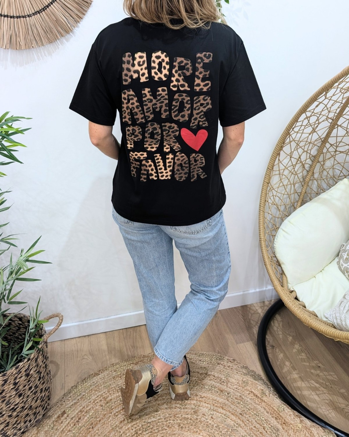 T-shirt femme noir more amor por favor léopard 