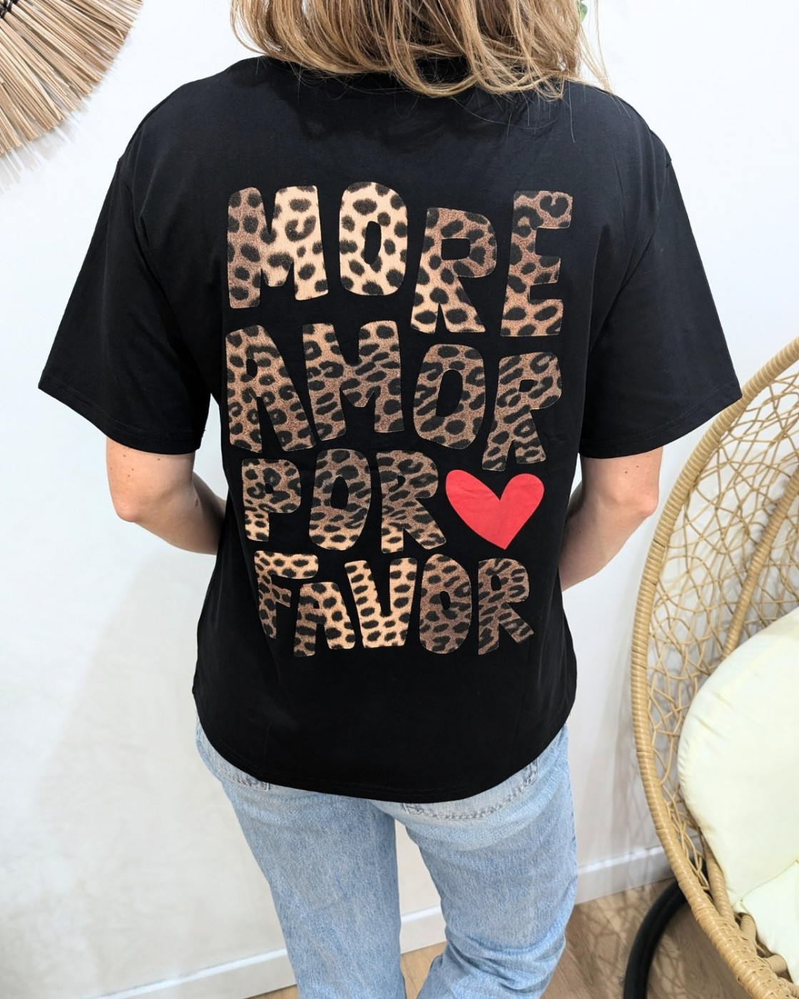 T-shirt femme noir more amor por favor léopard 