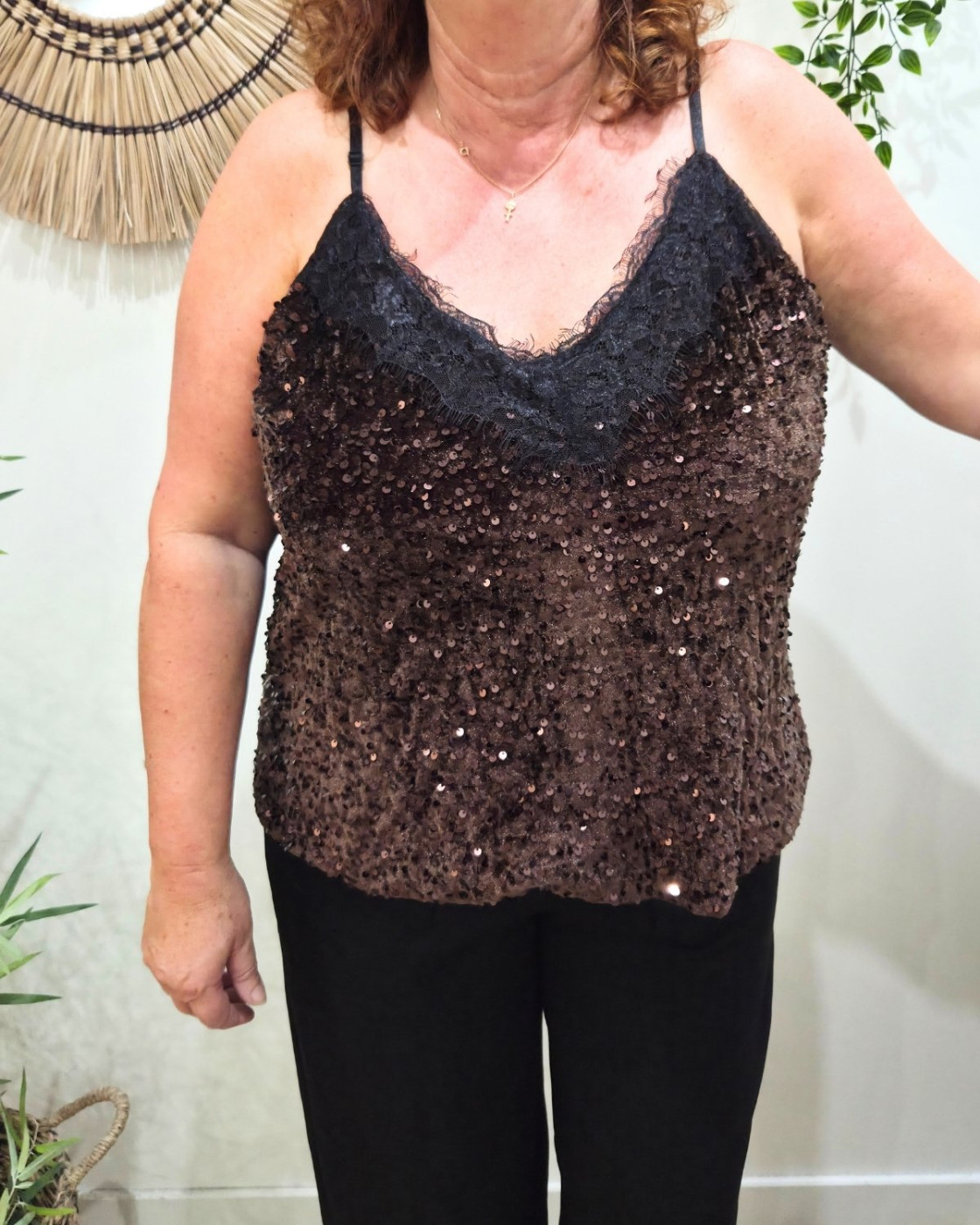 Top femme grande taille velours à sequins et dentelle