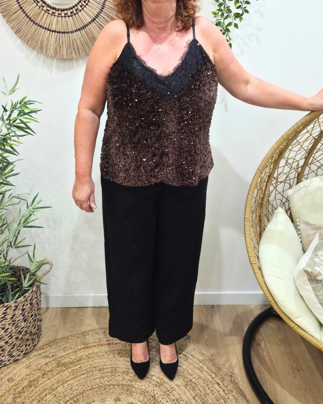 Top femme grande taille velours à sequins et dentelle