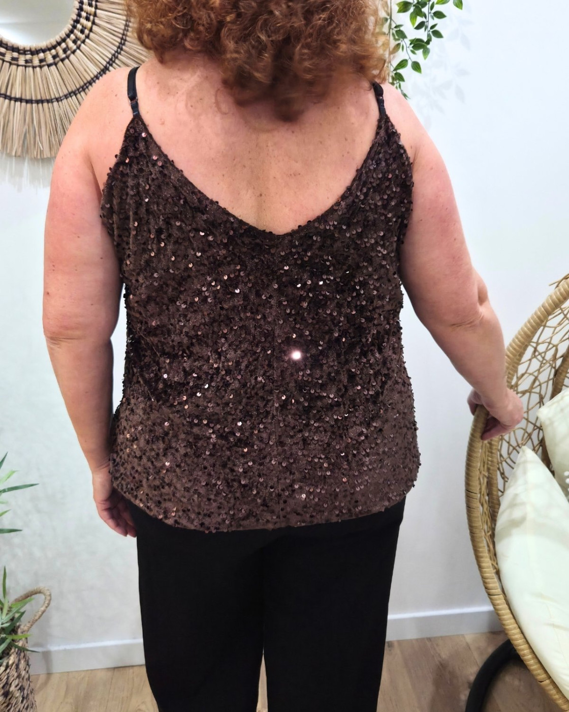 Top femme grande taille velours à sequins et dentelle