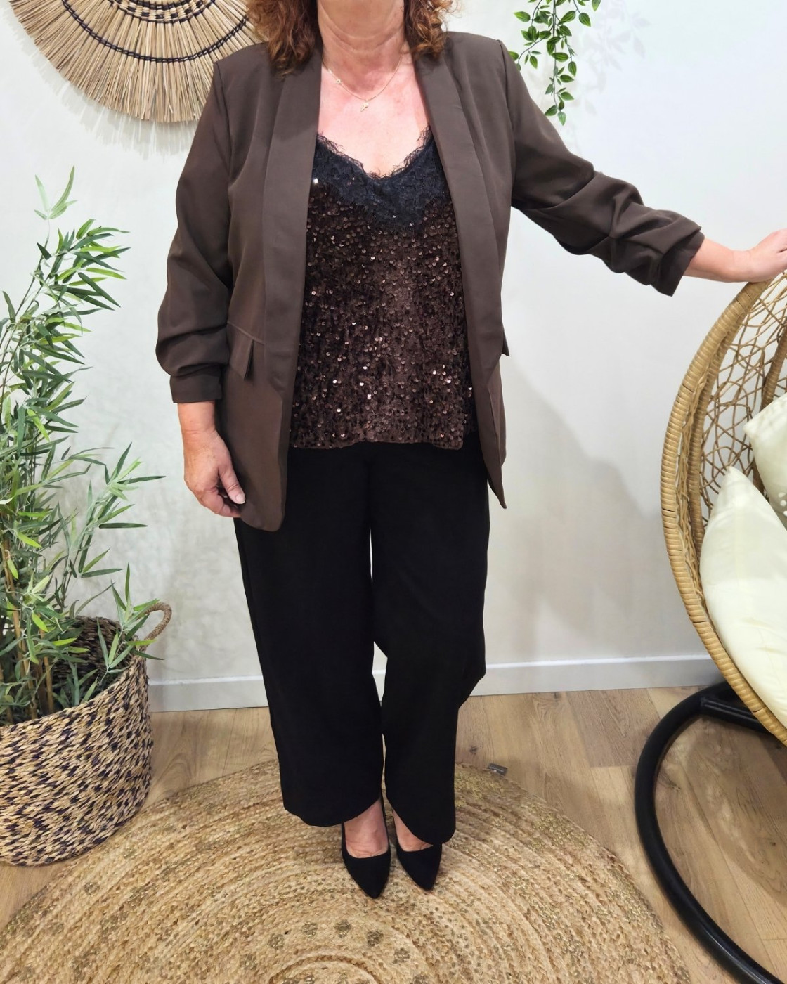 Top femme grande taille velours à sequins et dentelle