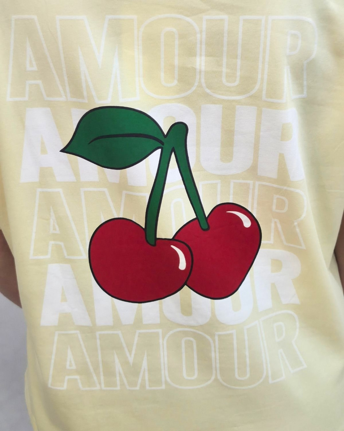 T-Shirt femme jaune AMOUR cerises rose