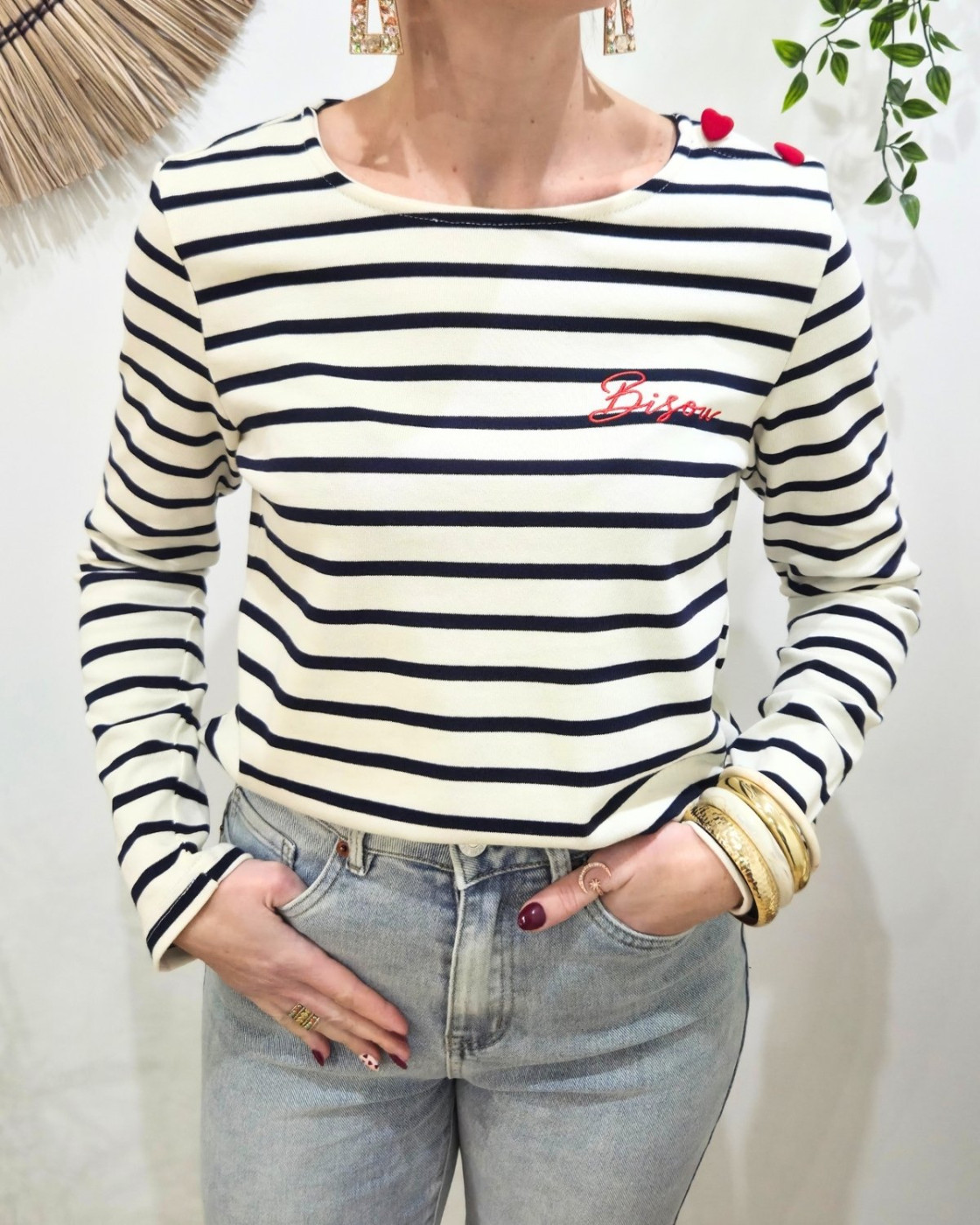 T-shirt marinière femme manches longues boutons coeurs broderie bisous rouge