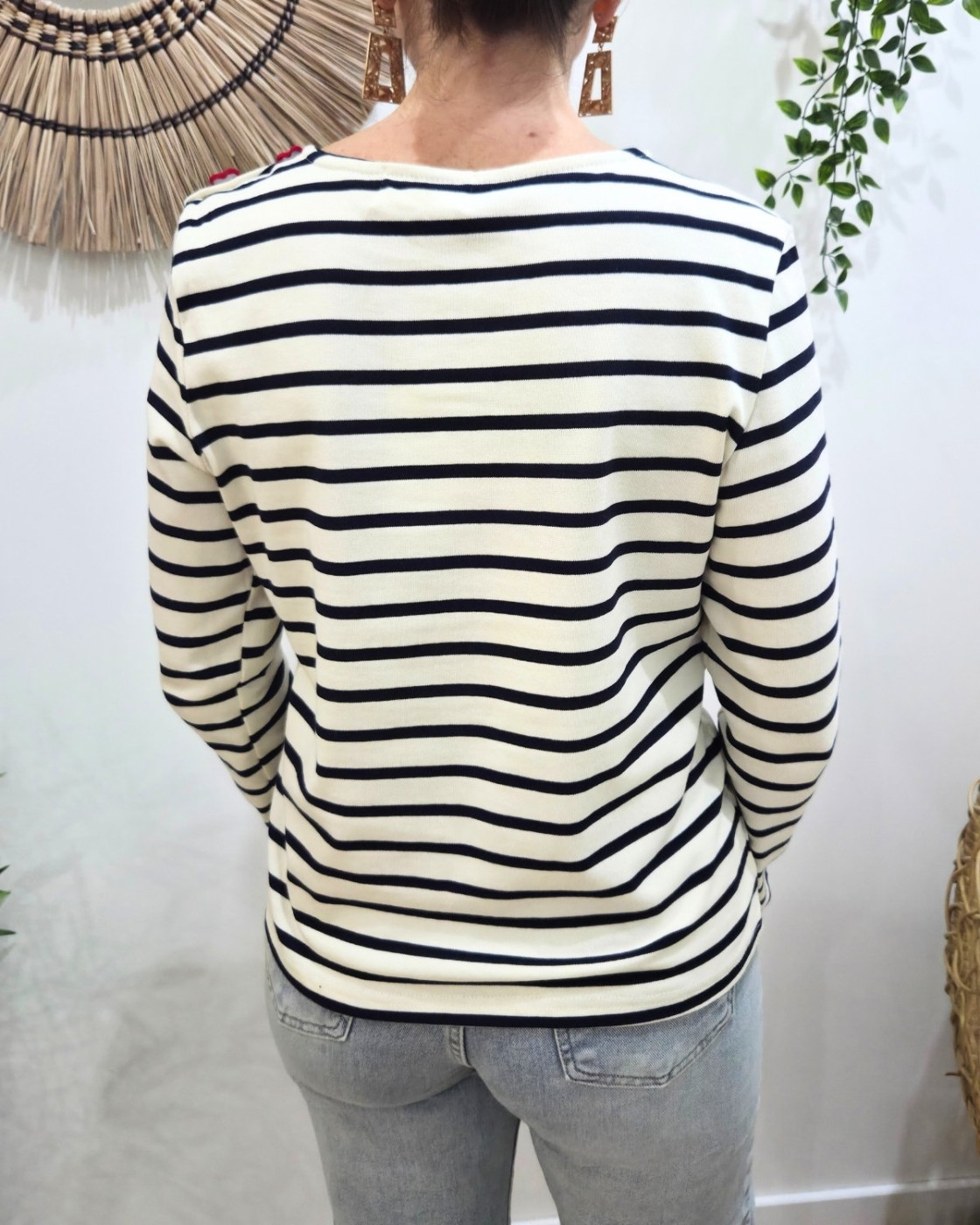 T-shirt marinière femme manches longues boutons coeurs broderie bisous rouge