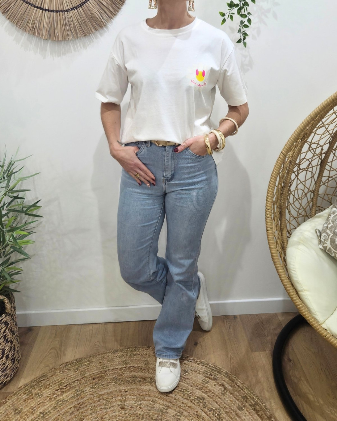 T-Shirt femme blanc fleurs good vibes Only