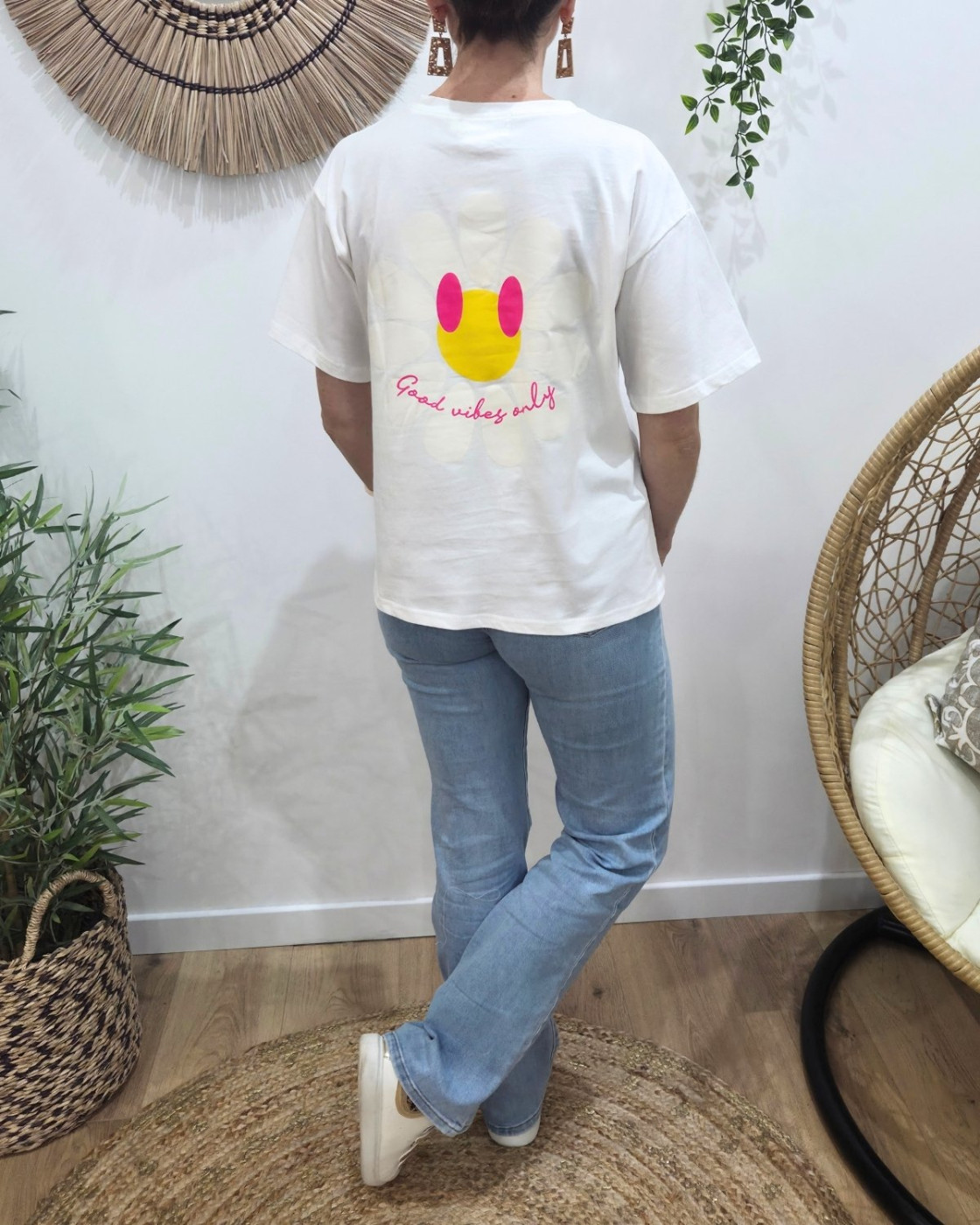 T-Shirt femme blanc fleurs good vibes Only