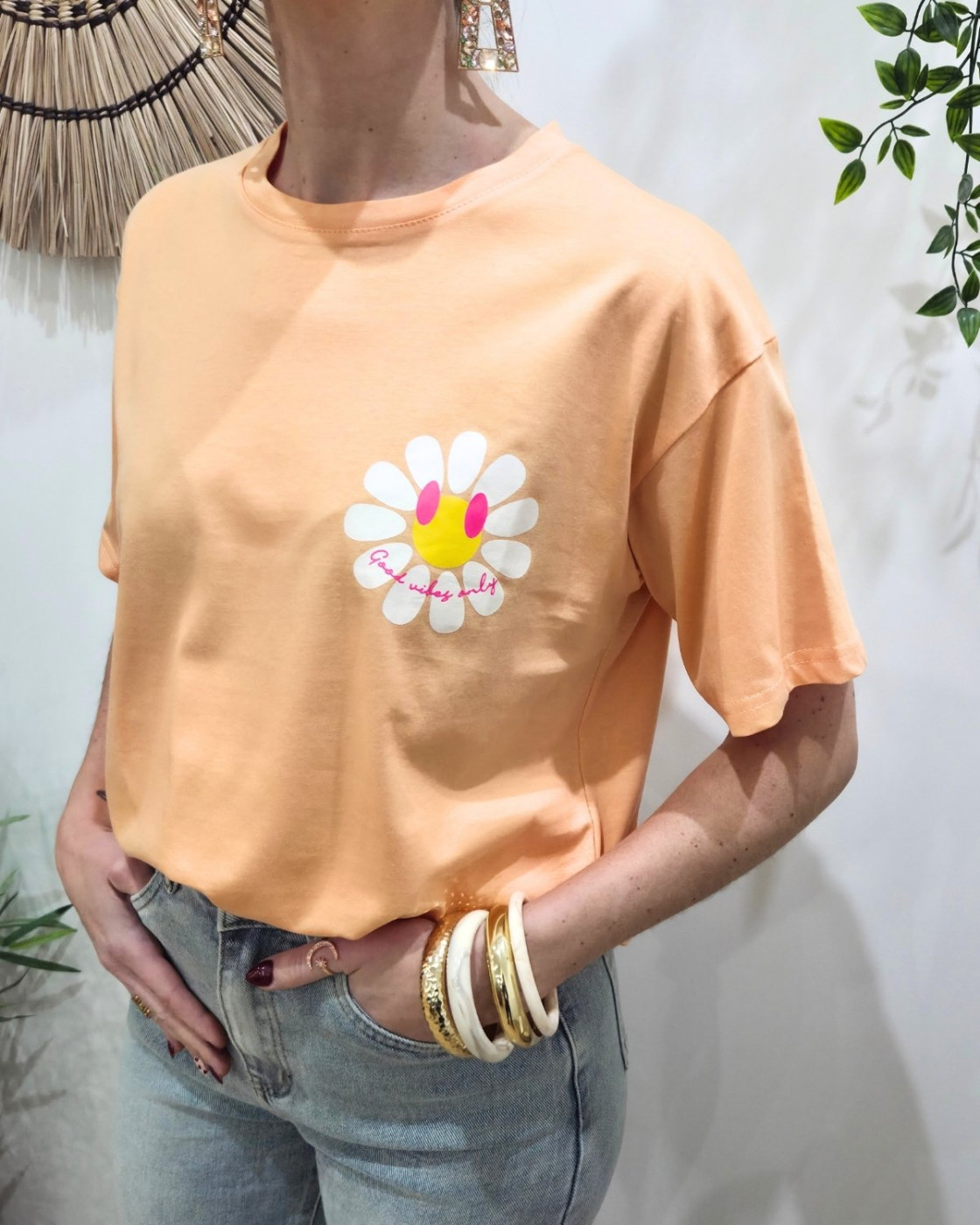 T-Shirt femme orange fleurs good vibes Only