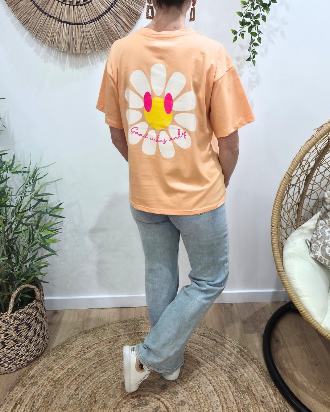 T-Shirt femme orange fleurs good vibes Only