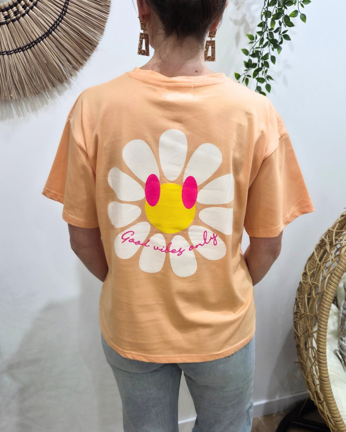 T-Shirt femme orange fleurs good vibes Only