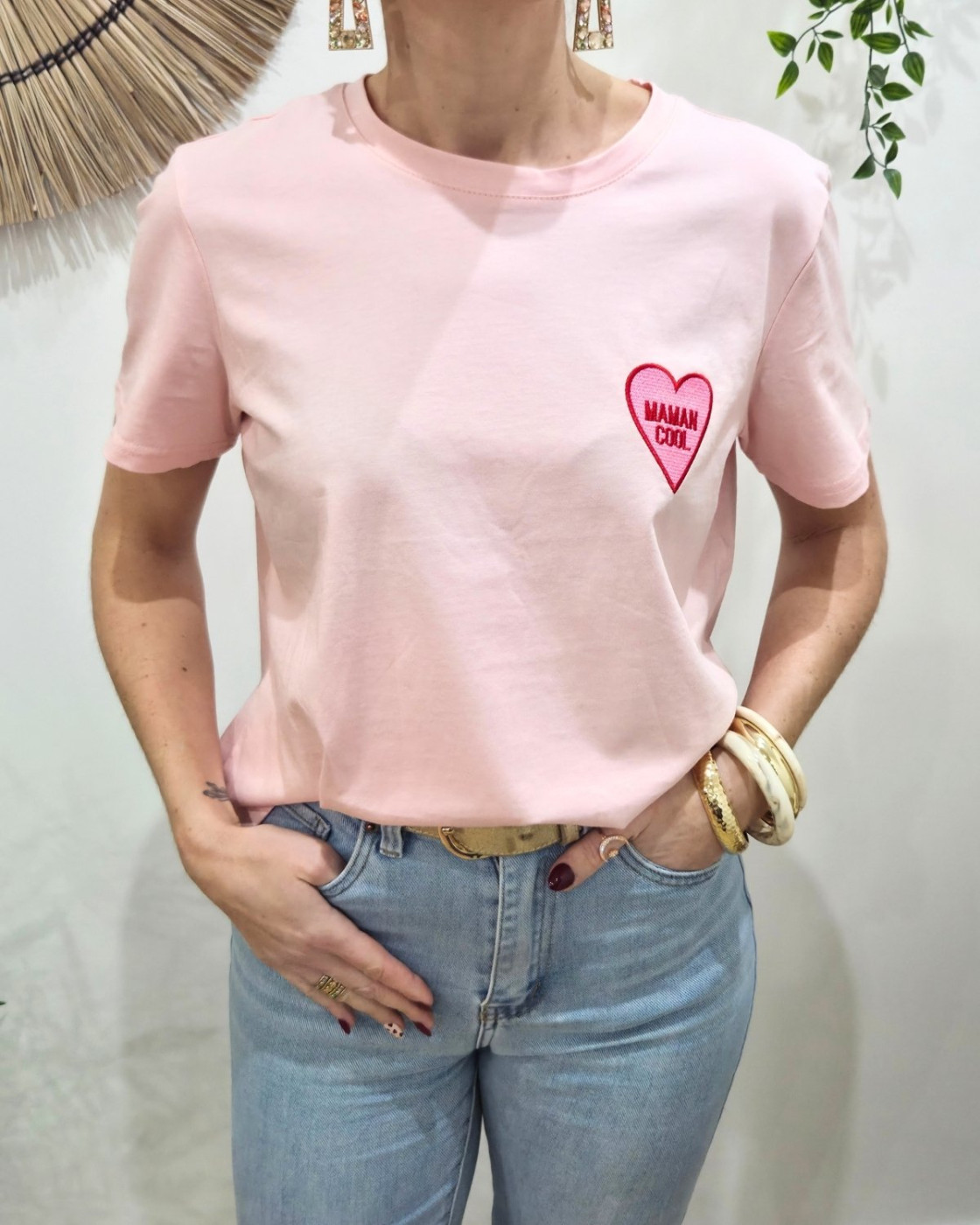 T-Shirt femme rose Coeur Maman cool brodé rose et rouge