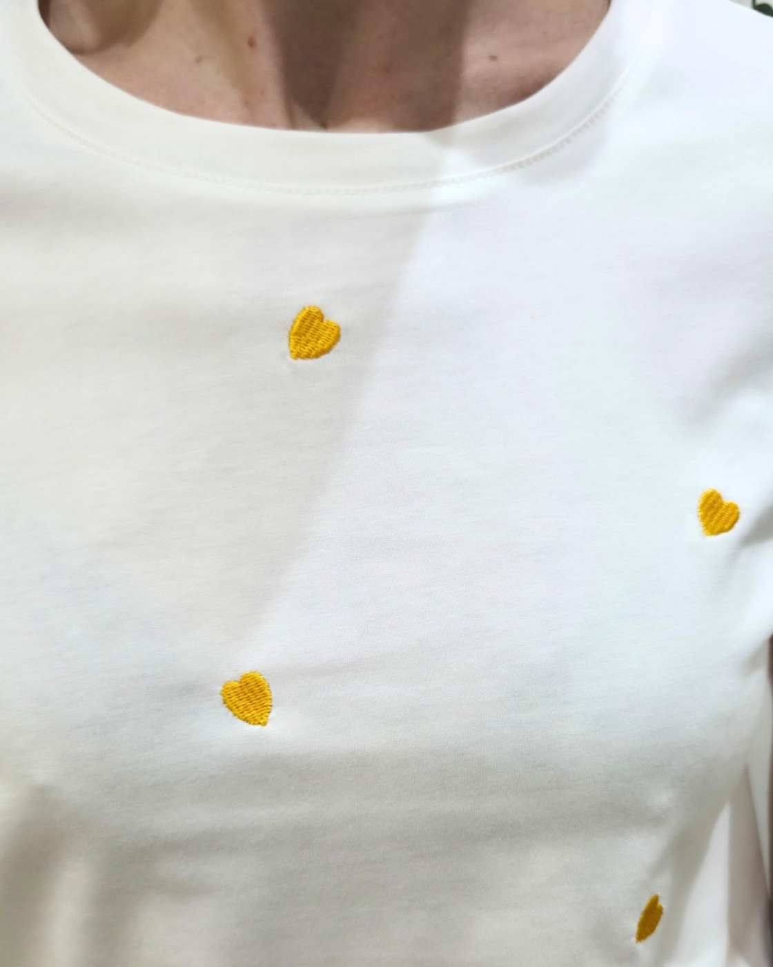 T-Shirt femme col rond blanc coeurs brodés - jaune