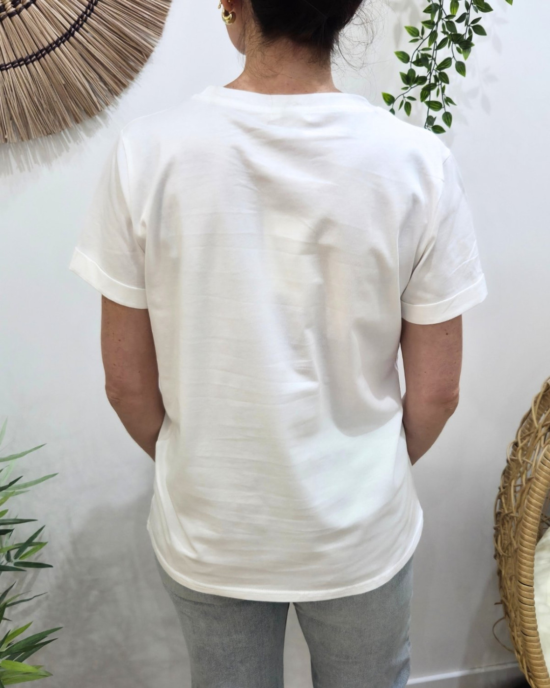 T-Shirt femme col rond blanc coeurs brodés - rose gold