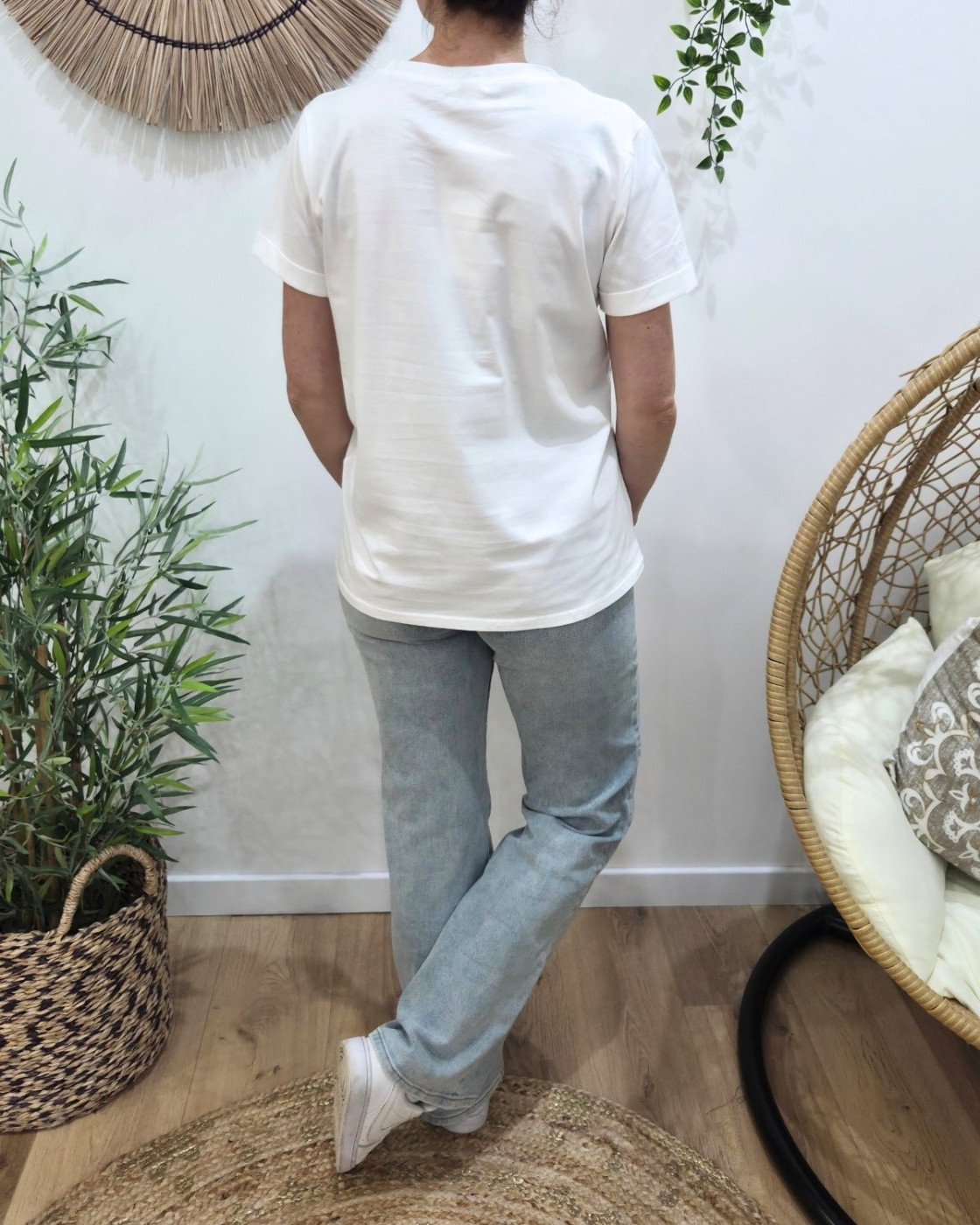 T-Shirt femme col rond blanc coeurs brodés - rose gold