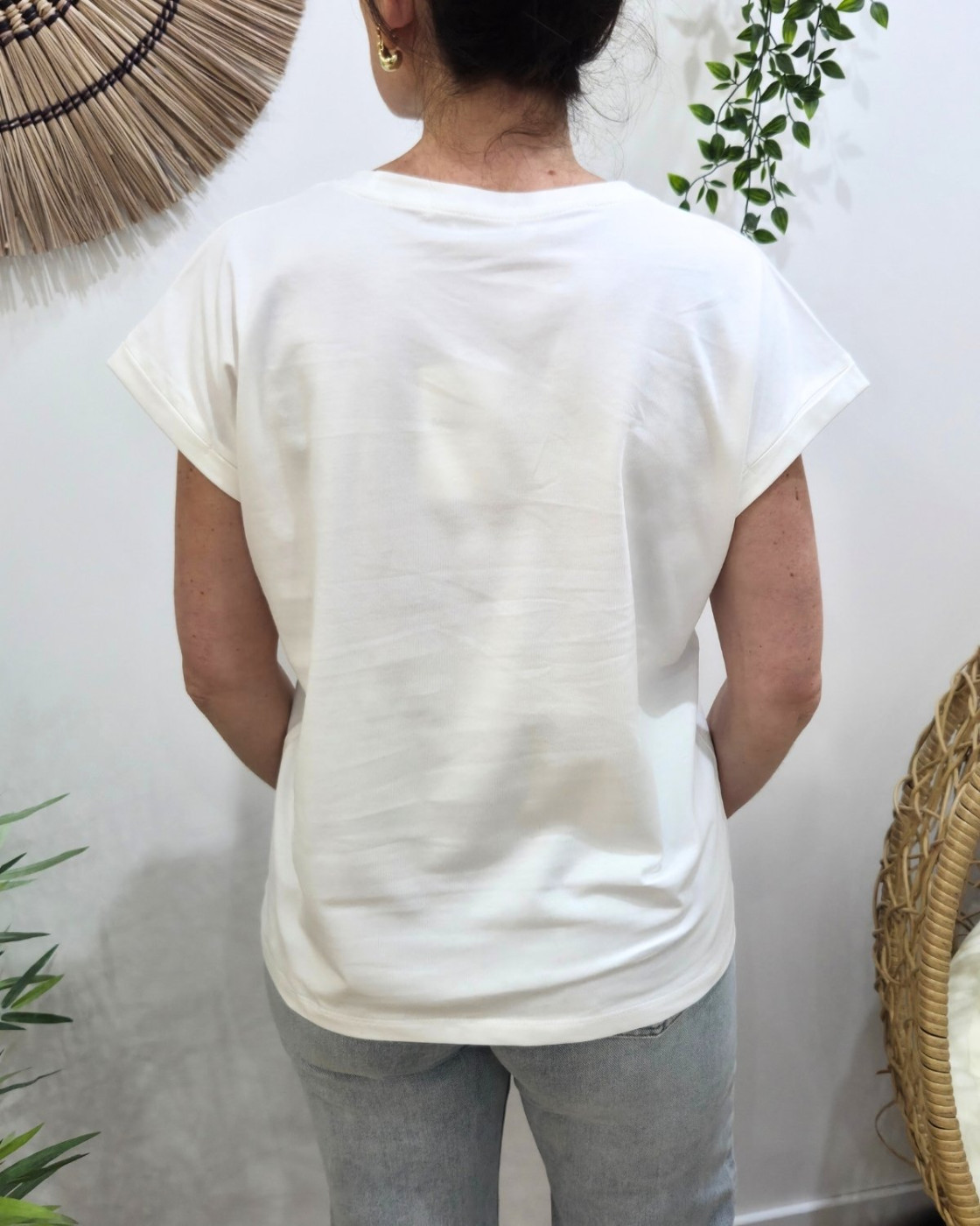 T-shirt femme blanc fleur rose dorée brodée