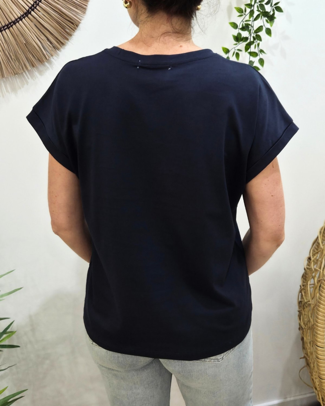 T-shirt femme marine fleur dorée brodée