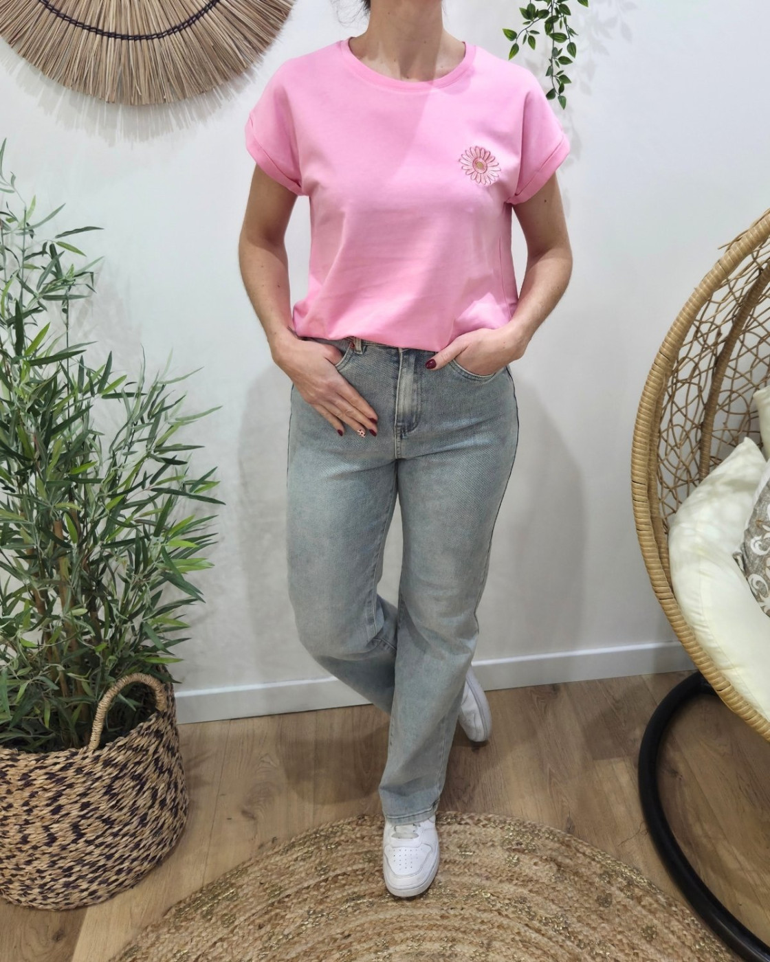 T-shirt femme rose baby fleur rose dorée brodée